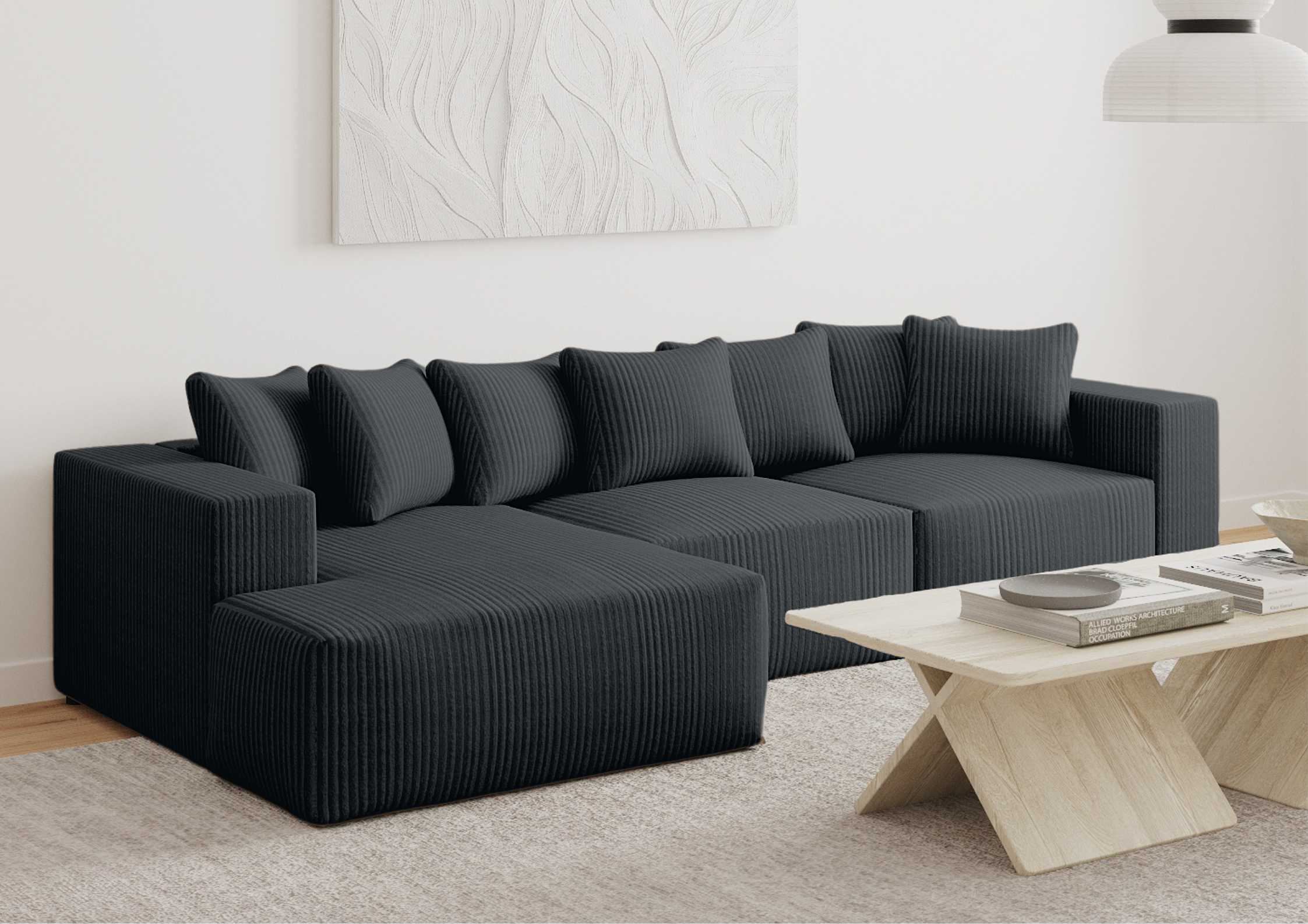 Lewy narożnik w sztruksie z funkcją spania Duży narożnik w stylu loft Kolor czarny Lewy narożnik w sztruksie z funkcją spania Duży narożnik w stylu loft Kolor czarny